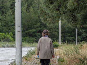 Woman walking small dog on a quiet forest path, surrounded by greenery.